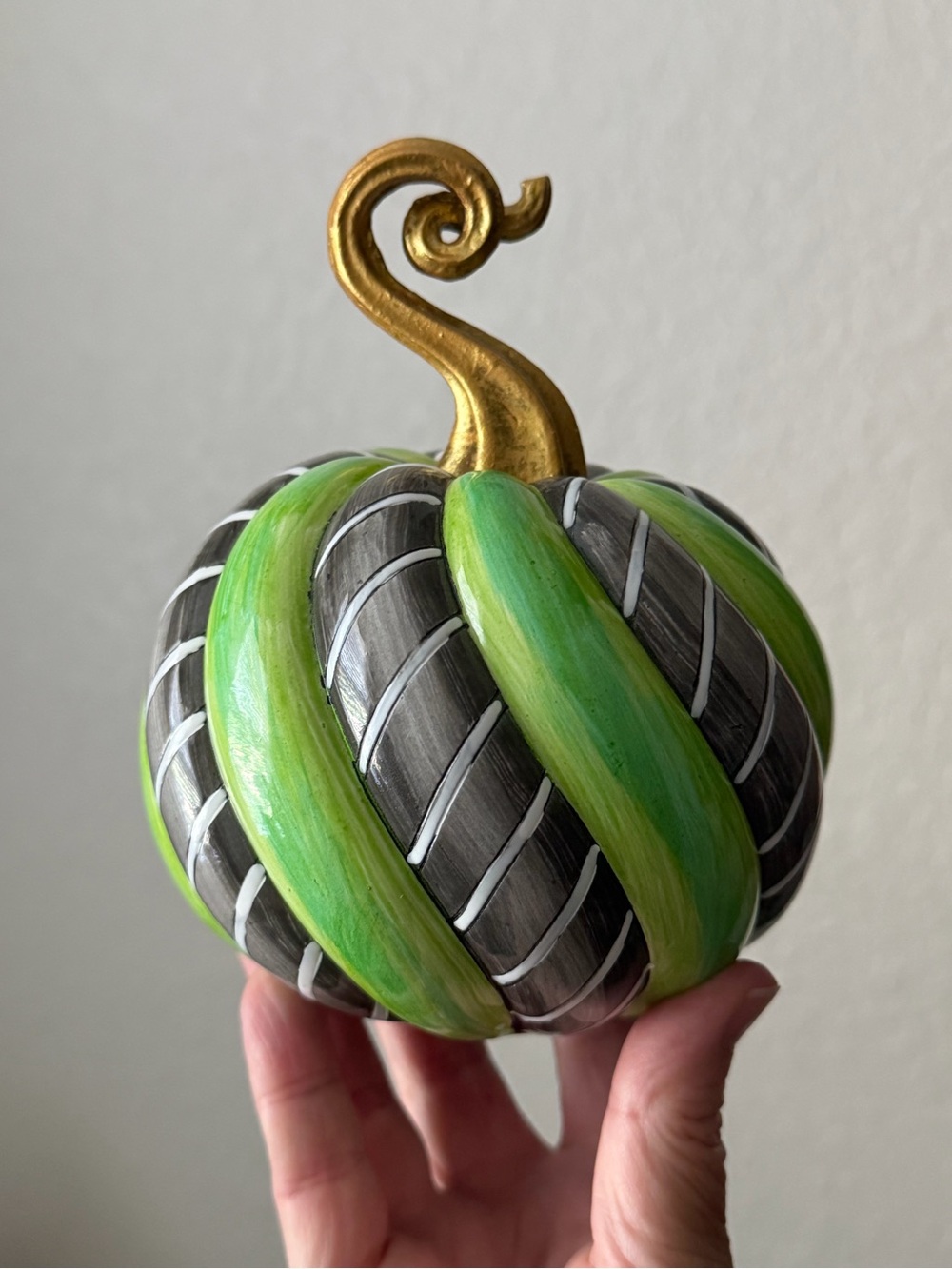 Mackenzie Childs Trick or Treat Green Gray Mini Pumpkin Hand Painted New